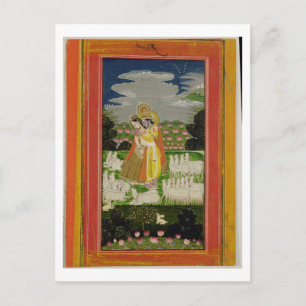 Radha en Krishna omhelzen in een geïdealiseerd lan Briefkaart
