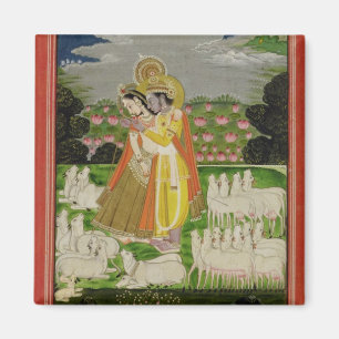 Radha en Krishna omhelzen in een geïdealiseerd lan Magneet