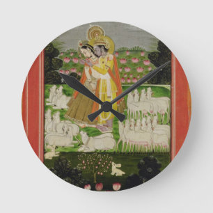 Radha en Krishna omhelzen in een geïdealiseerd lan Ronde Klok