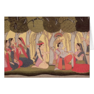 Radha en Krishna zitten in een grove, Kulu