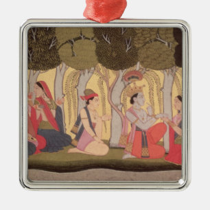 Radha en Krishna zitten in een grove, Kulu Metalen Ornament