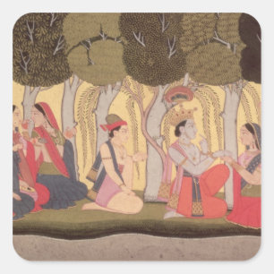 Radha en Krishna zitten in een grove, Kulu Vierkante Sticker