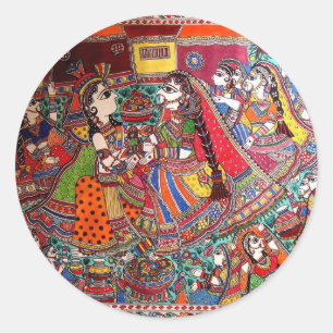 RADHA KRISHNA HINDU GODS MADHUBANI KUNST STIJL RONDE STICKER