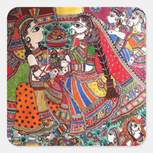 RADHA KRISHNA HINDU GODS MADHUBANI KUNST STIJL VIERKANTE STICKER