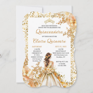 Radiant Bloom Floral Princess Gold Quinceanera Inv Kaart