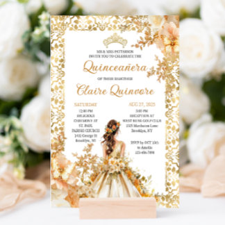 Radiant Bloom Floral Princess Gold Quinceanera Kaart