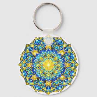 Radiant Blue Gold Mandala – Sun Harmony Keychain