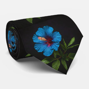 Radiant Blue: Hibiscus bloem op zwart Stropdas