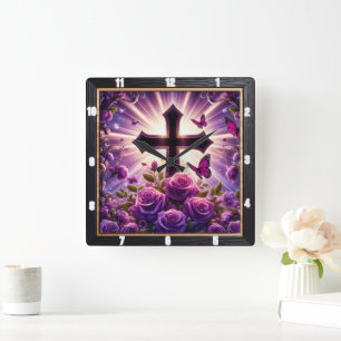Radiant Cross Paarse Roos Vlinders Vierkante Klok