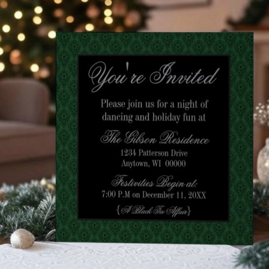 Radiant Damask kerstparty Invite, donkergroen Kaart