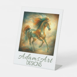 Radiant Emerald Flame Horse – Elegant Fantasy Reclamebord Met Voetstuk