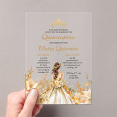 Radiant Floral Princess Tiara Gold Quinceanera Acryl Uitnodigingen (Insitu (Draagbaar))