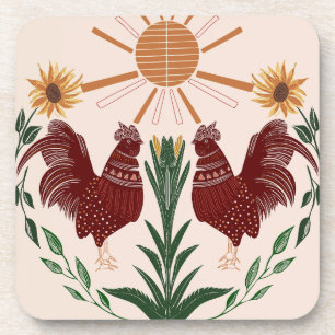 Radiant Folk Art Rooster - Zonnige Symmetrie Ontwe Bier Onderzetter