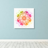 Radiant Harmony: Boho Sinaasappel en Roze Mandala Canvas Afdruk (Insitu (Houten vloer))