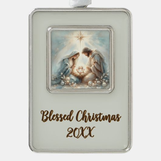 Radiant Holy Family Nativity Scene Verzilverd Kader Ornament (Voorkant)