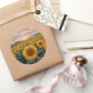 Radiant Horizon: Zonnebloemen bij zonsopgang Ronde Sticker