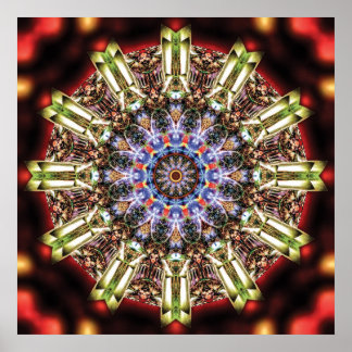 Radiant Kaleidoscopic Mandala in Crimson and Gold Poster