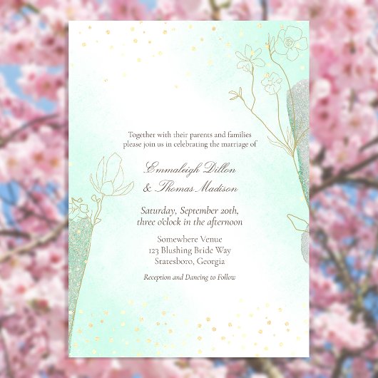 Radiant Mint Green Botanical Glitter Wedding Kaart