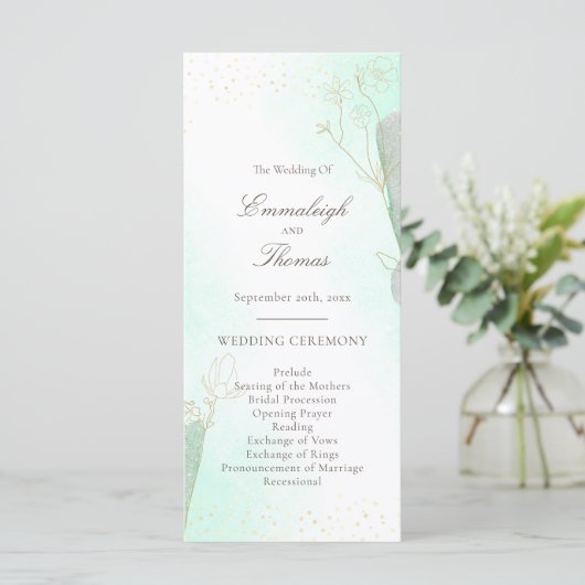 Radiant Mint Green Botanical Glitter Wedding Programma (Staand voorkant)