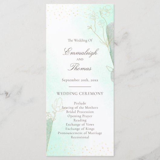 Radiant Mint Green Botanical Glitter Wedding Programma (Voorkant)