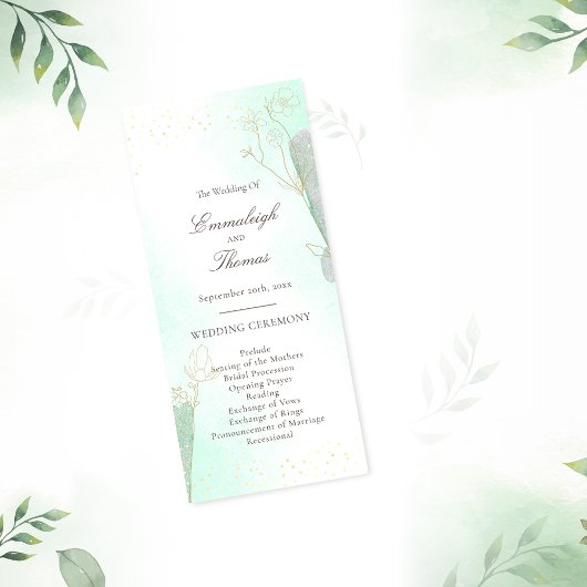 Radiant Mint Green Botanical Glitter Wedding Programma