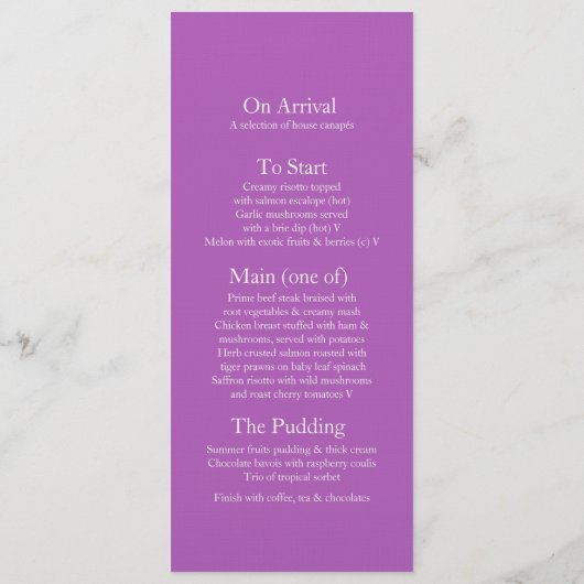 Radiant orchid stylied art bruiloft menu (Achterkant)