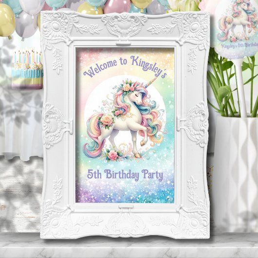 Radiant Rainbow Unicorn Verjaardag Welkom Teken Poster