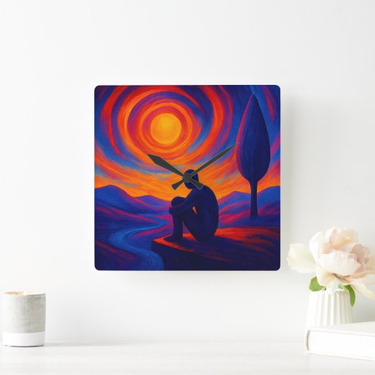 Radiant Solitude Abstract Expression in Blue ,fire Vierkante Klok (Huis)