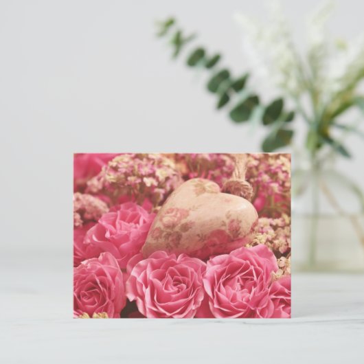Radiante roze rozen en hart briefkaart (Staand voorkant)