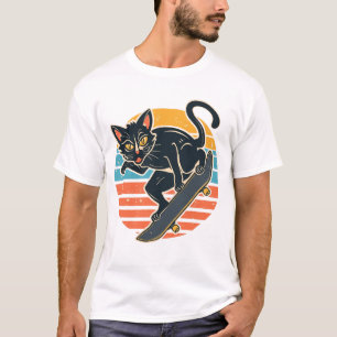 Radicale skater Zwarte Kat die lucht vangt Retro Z T-shirt