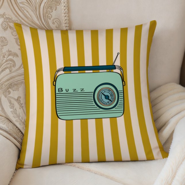 Radio Rétro et Rayures Dorées, Coussin de Décorati (Créateur téléchargé)