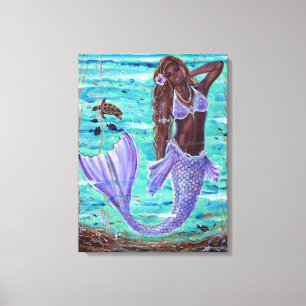 Raeni Mermaid met zee schildpad van Renee Lavoie Canvas Afdruk