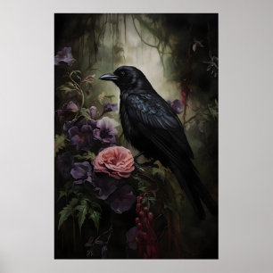 Raf In Drieerige Bloemrijke Bos Print, Kraai Poster
