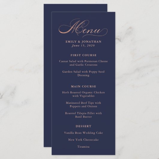 Raffiné | Calligraphie d'or Rose Faux sur le menu (Devant / Derrière)