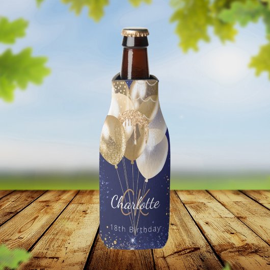 Rafraichisseur De Bouteilles Anniversaire bleu marine or ballons nom monogramme