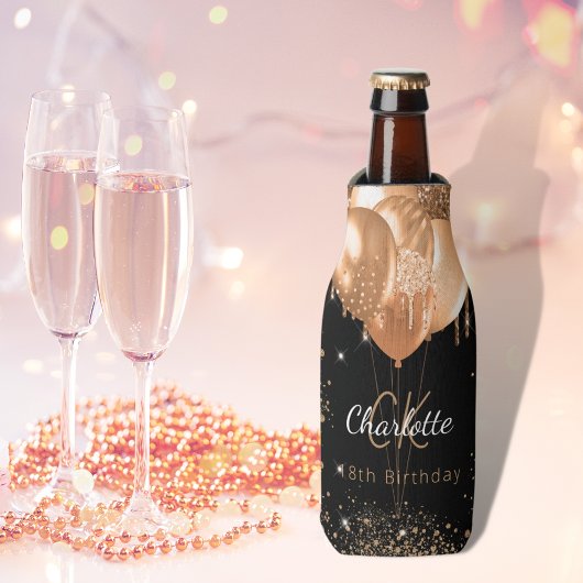Rafraichisseur De Bouteilles Anniversaire noir ballons d'or nom monogramme