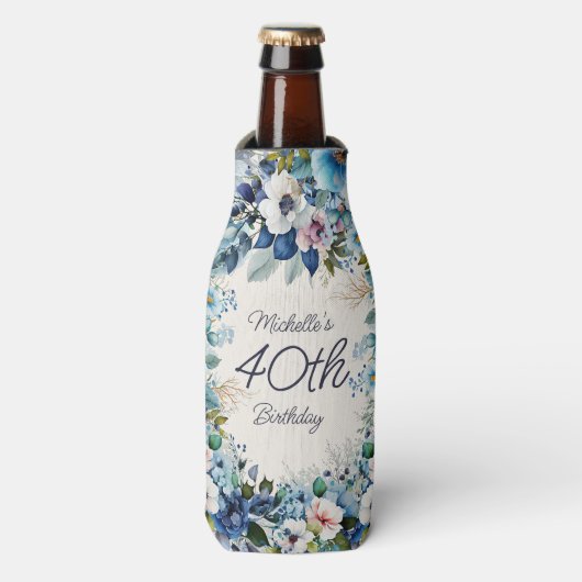 Rafraichisseur De Bouteilles Aquarelle bleue Floral 40e fête d'anniversaire (Bottle Devant)