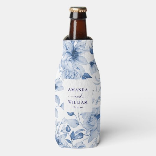 Rafraichisseur De Bouteilles Élégant Mariage Floral Bleu (Bottle Devant)