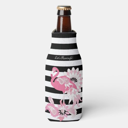 Rafraichisseur De Bouteilles Flamant rose rose rayé noir et blanc moderne (Bottle Devant)