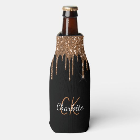 Rafraichisseur De Bouteilles Gouttes de paillettes noires monogramme nom (Bottle Devant)