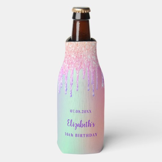 Rafraichisseur De Bouteilles Holographie de la goutte violette rose d'anniversa (Bottle Devant)