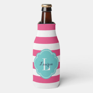 Rafraichisseur De Bouteilles Monogramme à rayures Preppy rose et turquoise chau