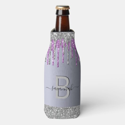 Rafraichisseur De Bouteilles Monogramme argent parties scintillant violet nom m (Bottle Devant)
