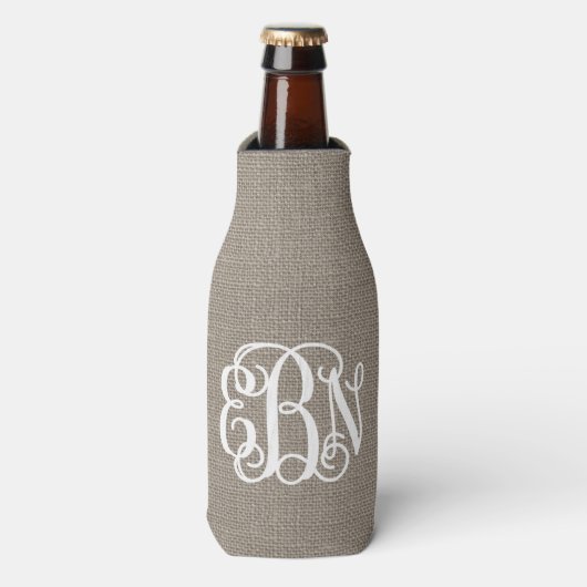 Rafraichisseur De Bouteilles Monogramme de script préppy de Burlap rustique (Bottle Devant)