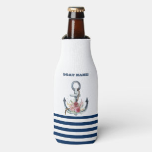 Rafraichisseur De Bouteilles Nom du bateau, fleurs d'ancre bleu marine rayé