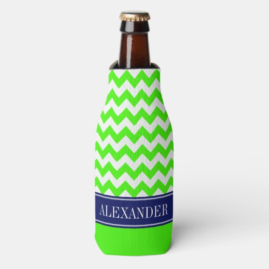 Rafraichisseur De Bouteilles Vert Citron Blanc Chevron CB Navy Monogramme (Bottle Devant)