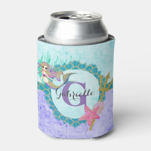 Rafraichisseur De Cannettes Aquarelle mignonne de sirène Monogramme Turquoise