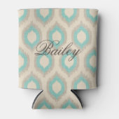 Rafraichisseur De Cannettes Lin rustique Beige et Aqua Ikat Monogramme (Devant)