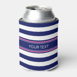 Rafraichisseur De Cannettes Navy Blue Wht Horiz Stripe Hot Pink Nom Monogramme