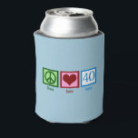 Rafraichisseur De Cannettes Peace Love 40e anniversaire mignonne fête<br><div class="desc">Peace Love Quarty. Un joli signe de paix,  coeur,  et le numéro 40 en bleu magnifique pour une fête de quarantième anniversaire.</div>